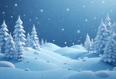 The primary subject of the image is a snowy landscape with a blue sky. The setting is a winter scene with snow-covered trees and a nighttime atmosphere. The visual style is a digital art or illustration, creating a serene and peaceful mood. The dominant colors are blue and white, with the snowy landscape and the night sky contributing to the overall atmosphere.